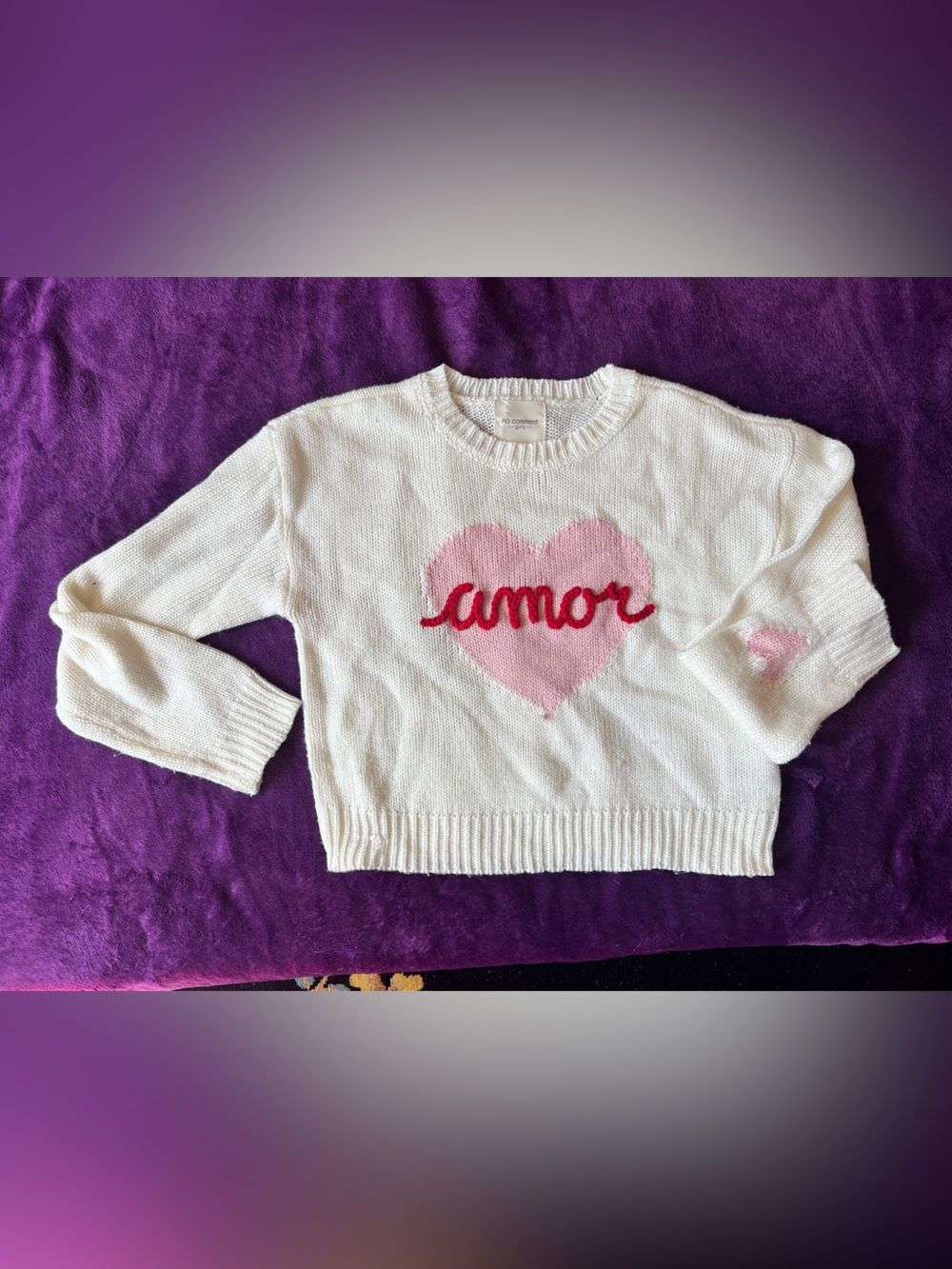 No Comment Kids White Sweater with Pink Heart and 'Amor' Script Size 10